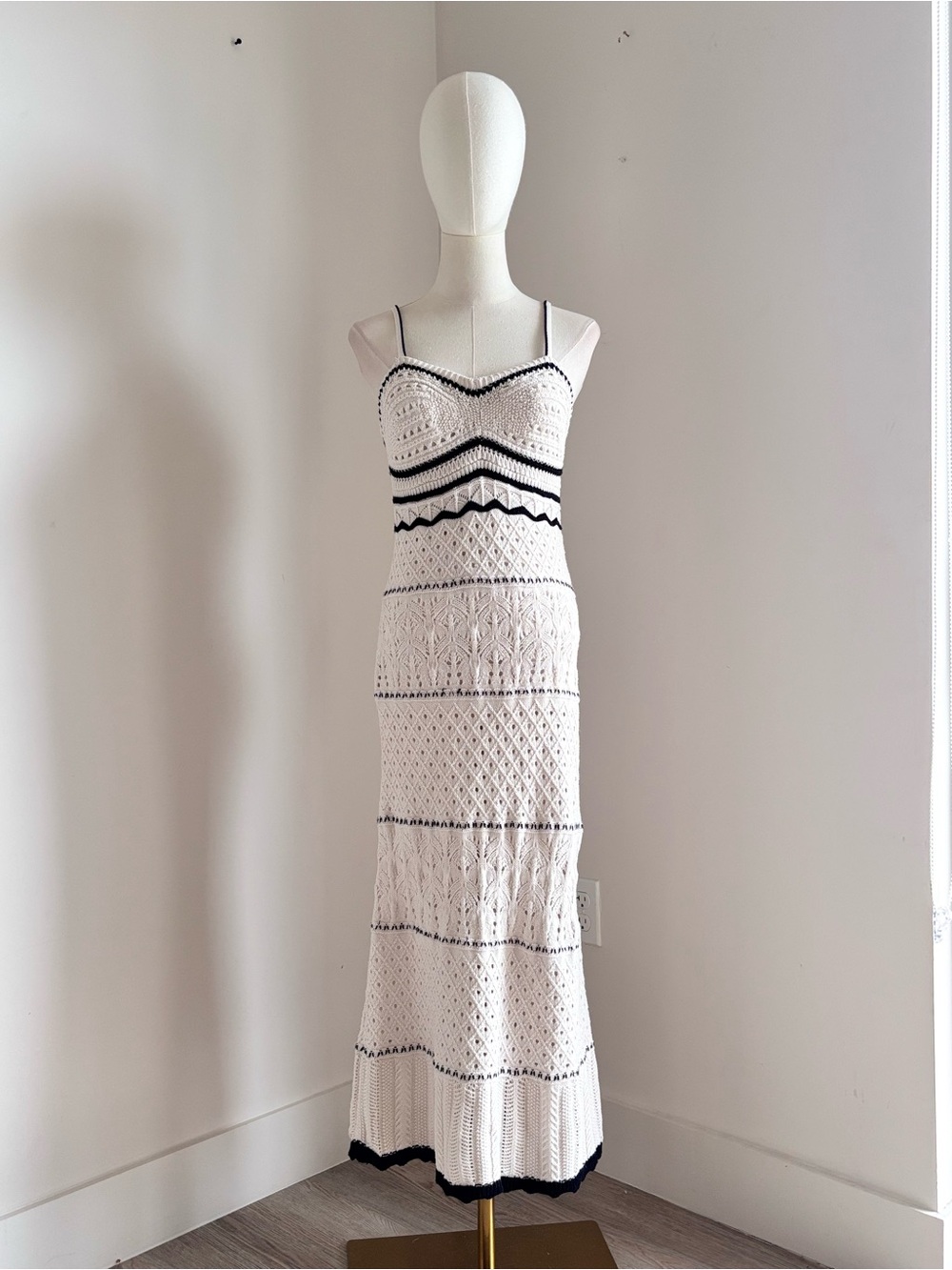Olive & Oak White Crochet Maxi Dress with Black Trim